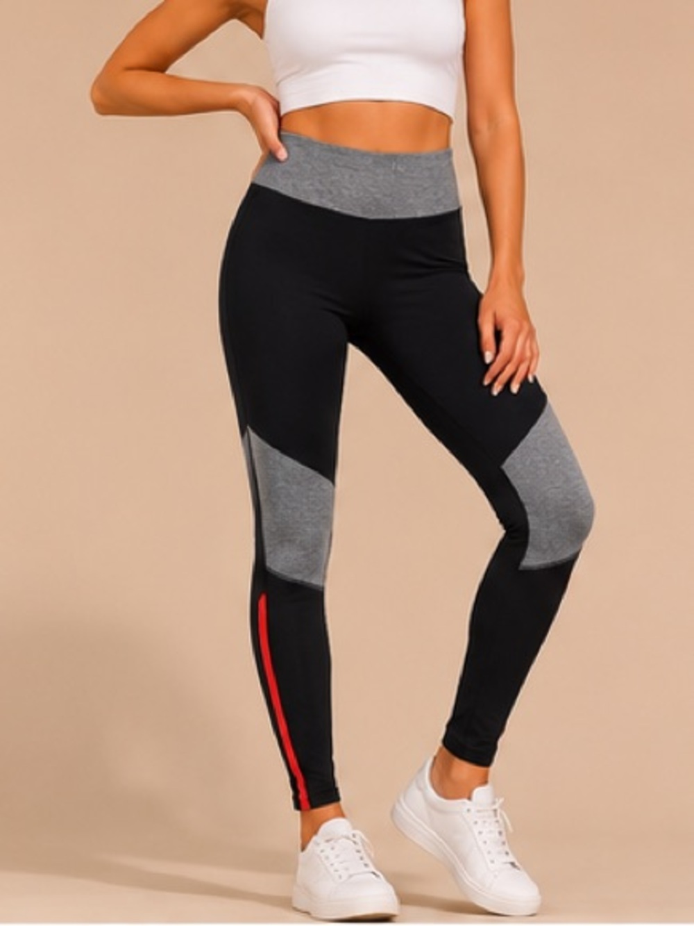Calvin Klein Black & Gray Colorblock High-Waist Leggings with Red Stripe S